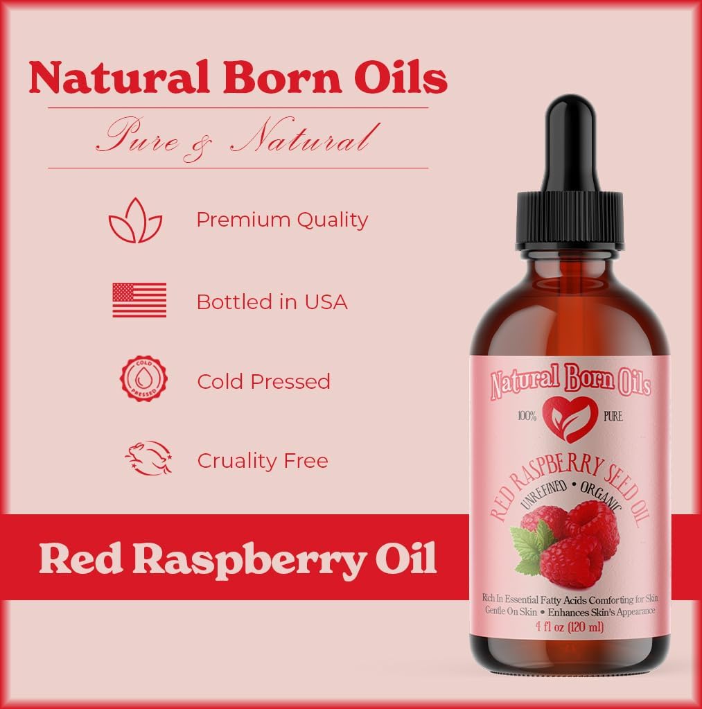 Natural Born Oils Raspberry Seed Oil, 16oz, Organic, Cold-Pressed, Nutrient-Rich, Excellent for Radiant Skin, Lustrous Hair