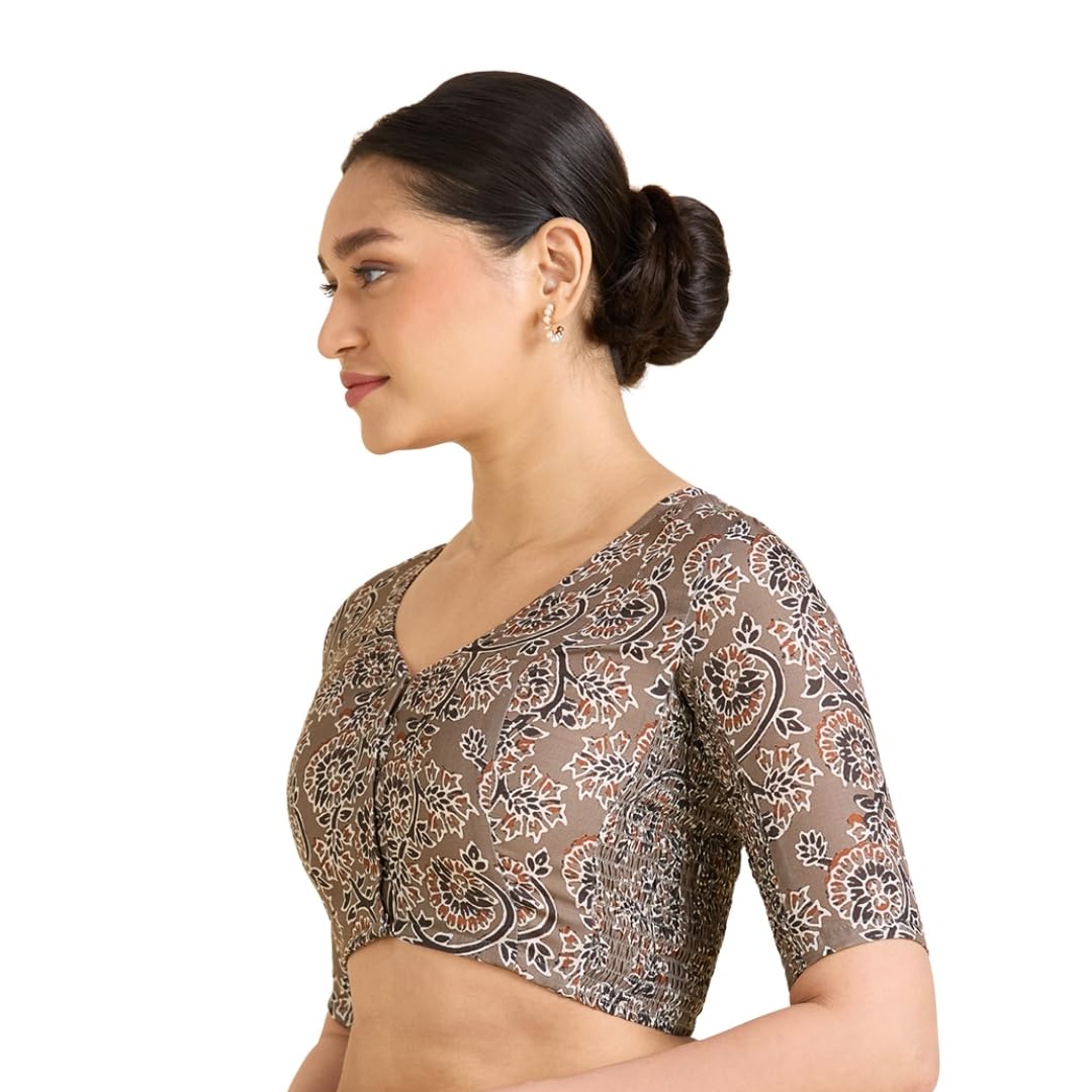 Women's Brown Thick Cotton Kalamkari Print Side Stretch (Smocked) Saree Blouse-image-39