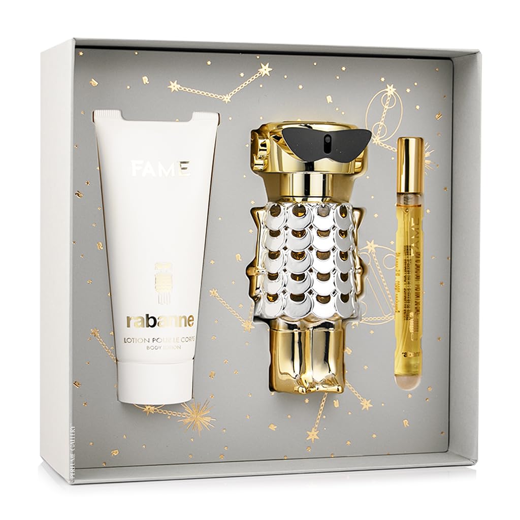 Rabanne Fame Eau de Parfum 80 ml Set de regalo 2025 (incluye 80 ml de eau de parfum, 100 ml de loción corporal y 10 ml de spray de viaje)
