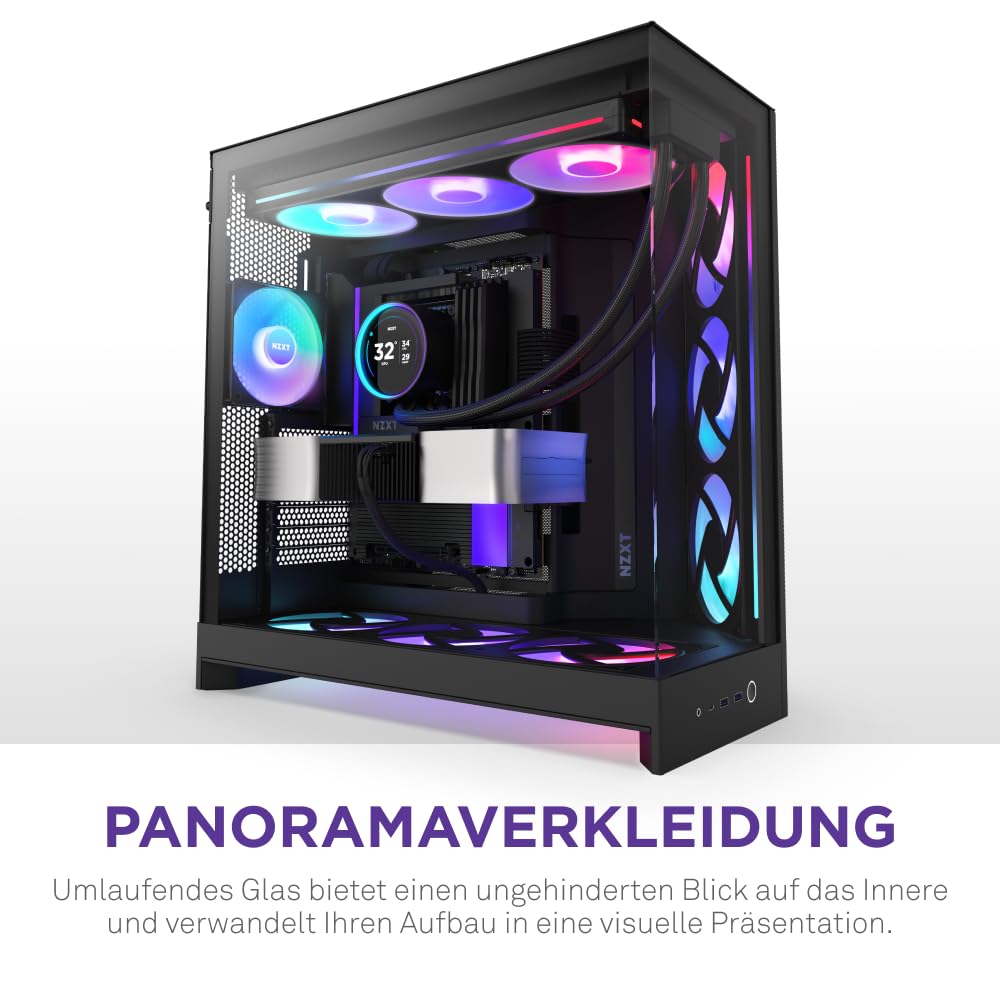 NZXT H9 Flow RGB+ (2025) – Großes Dual-Kammer ATX Mid-Tower Airflow PC-Gehäuse – Enthält 7 RGB-Lüfter (6 x 140mm, 1 x 120mm) und Steuerungshub – 420mm Radiatorunterstützung – Schwarz
