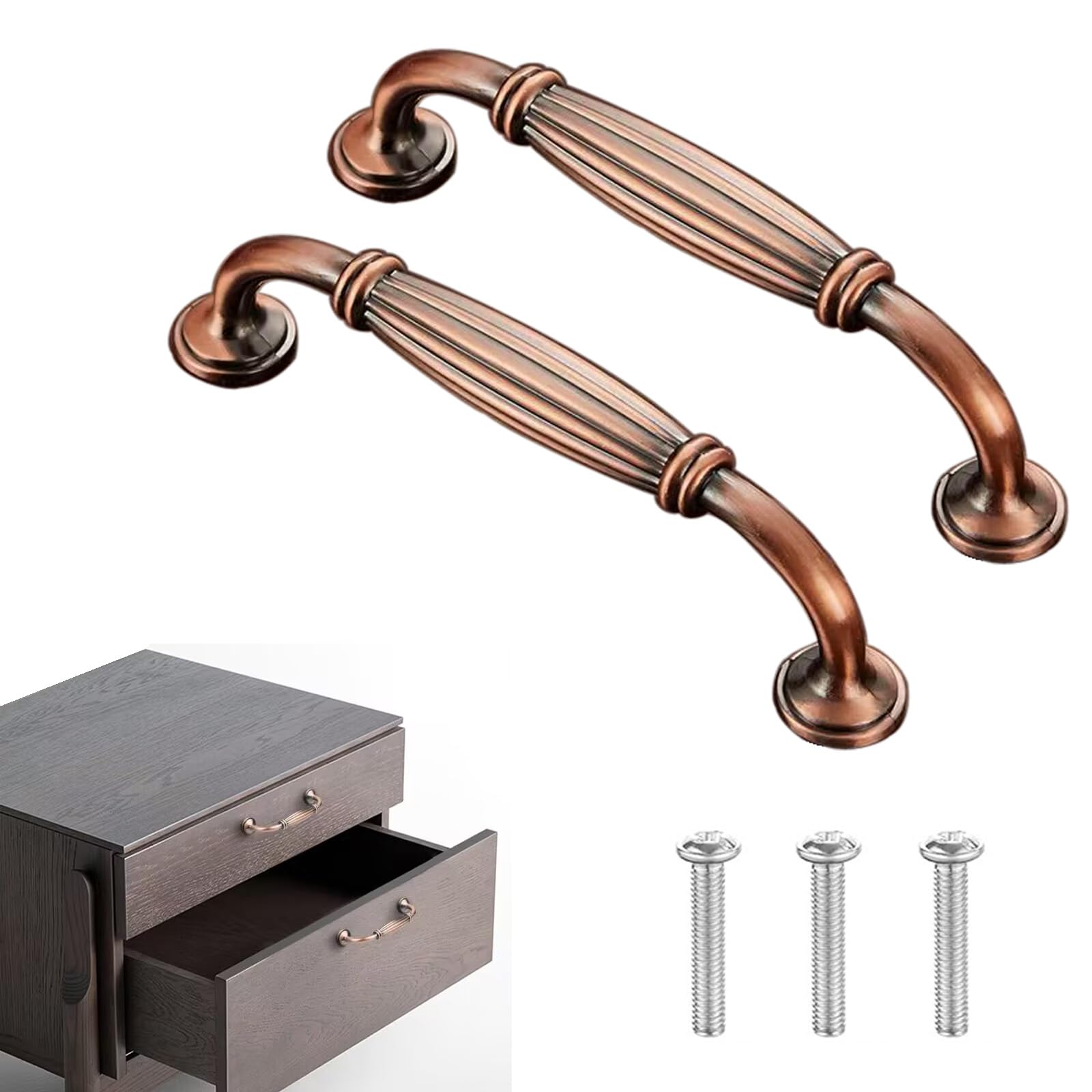 KanDery 6PCS Vintage Cabinet Handles, Chic Drawer Handles, Furniture Door Pull Handles, Antique Kitchen Cupboard Handles, 128mm Hole Center, Red Bronze