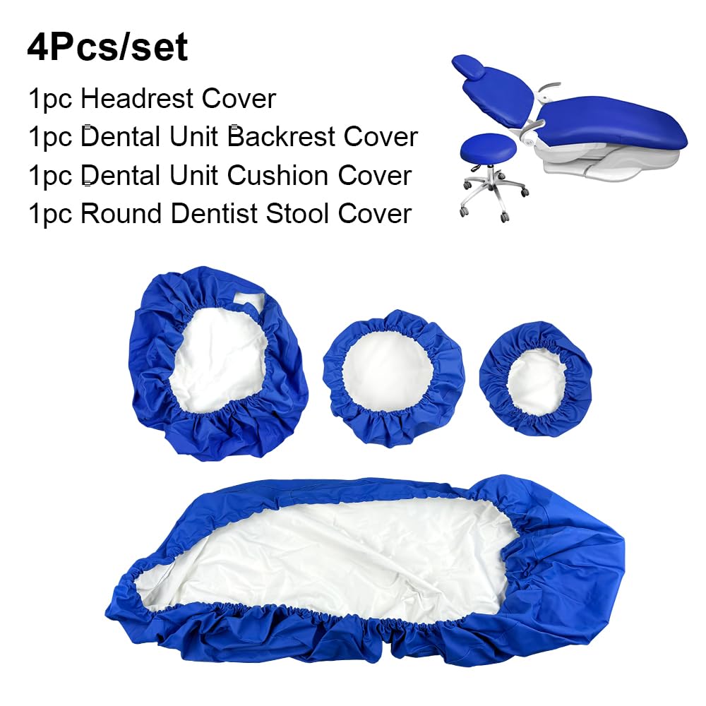 4pcs/Set Dental Chair Covers Set, High Elastic PU Leather Waterproof Protection Full Covers, No-Rinse Reusable Dentist Lab Equipment Dentistry Chair Cover (Dark Blue)