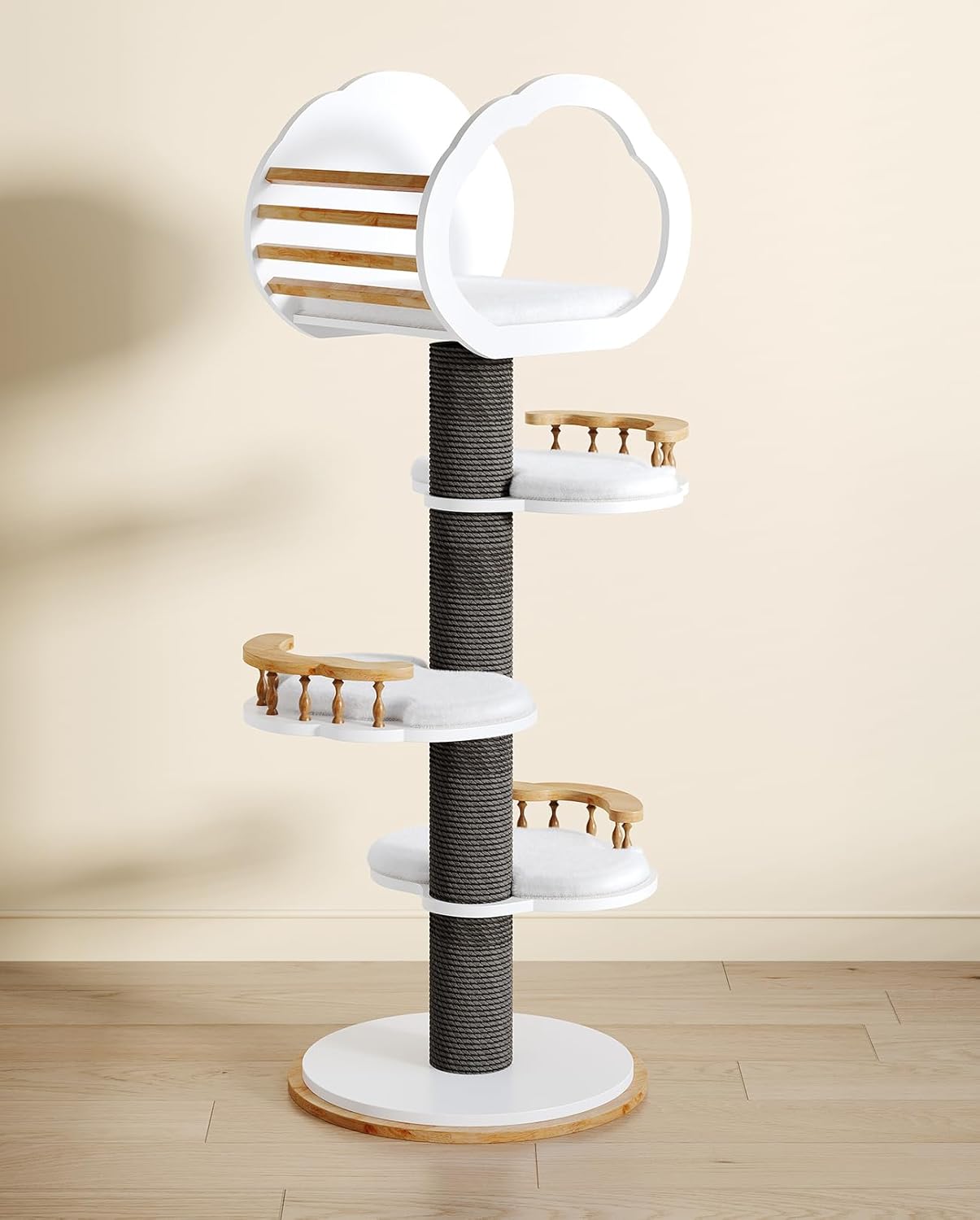 54" Tall Modern Cat Tree Tower Scratching Posts for Large Cats, Natural Solid Wooden Cat Condo Tower for Indoor Cats, Luxury Cat House Furniture with Big Bed (Black)