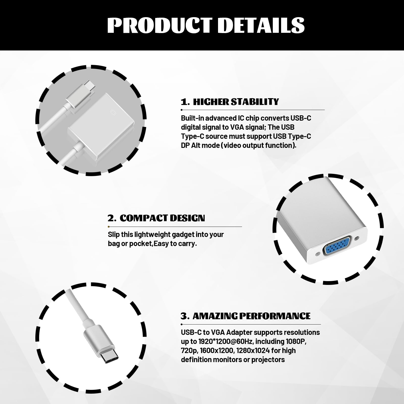Adaptateur Vga, VGA USB C, USB-C VG A, US B C V GA, US B C vers VG A, US B C to VG A, Type C VG A, Câble V GA U SB C, Adaptateur V GA U SB C, pour MacBook Pro/Air, pour iPhone 15 Plus Pro Max