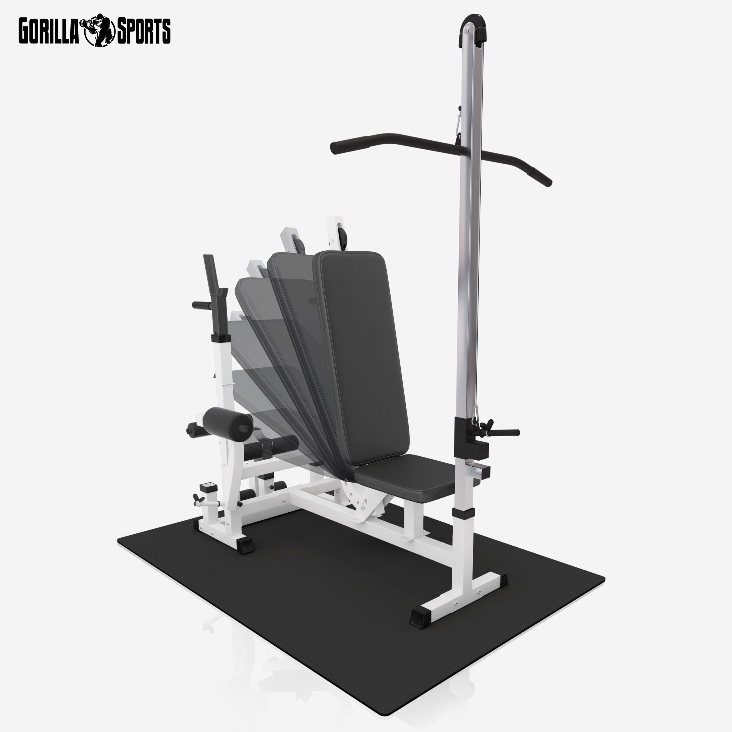 GORILLA SPORTS® Kraftstation mit Hantelbank und 100-kg-Hantelset | Mit verstellbarer Hantelablage, Latzugturm, Butterfly, Curlpult und Beincurler, bis 280 kg; Trainingsbank, Fitnessstation