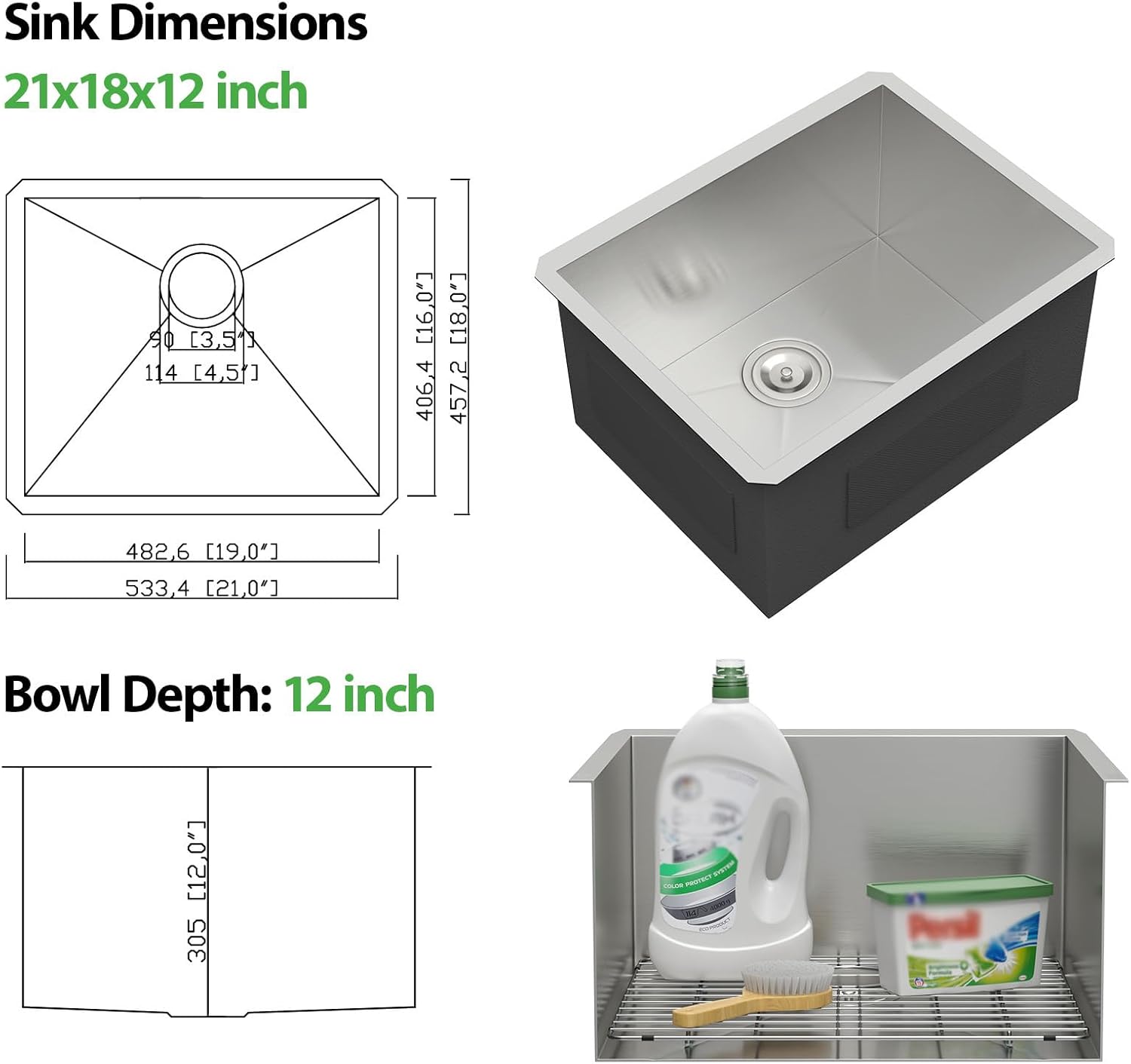 21 Inch Undermount Laundry Sink Utility 16 Gauge Stainless Steel Single Bowl 12 Inch Deep Under Counter Handmade Kitchen Sink Basin 21"x18"x12"