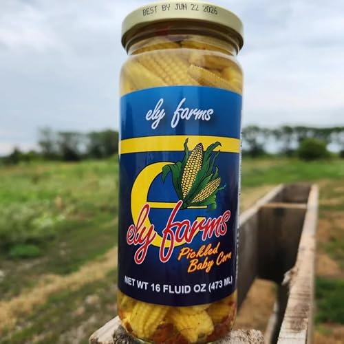 Ely Farms | Pickled Baby Corn | Sweet and Spicy | Zesty Pickle Flavor | Made in Nebraska USA | Appetizer Platter | 16 oz Jar