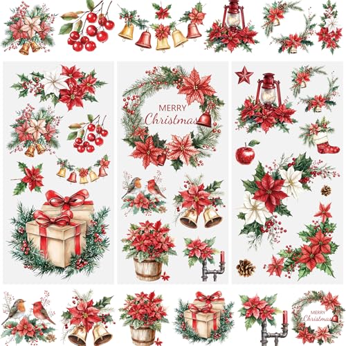 WANDIC 3 Feuilles Autocollant de Transfert à Frotter Noel, Transfert pour Meuble Scrapbooking Stickers Décalcomanies pour Boîte Cadeau, Journaux,Travaux Manuels,15 x 30 cm