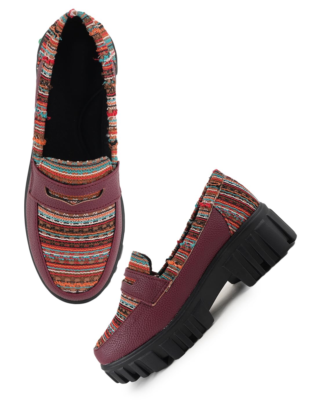 Women's Loafers, Maroon with Multicolor Striped Pattern, Chunky Sole, Slip-On Style-image-44