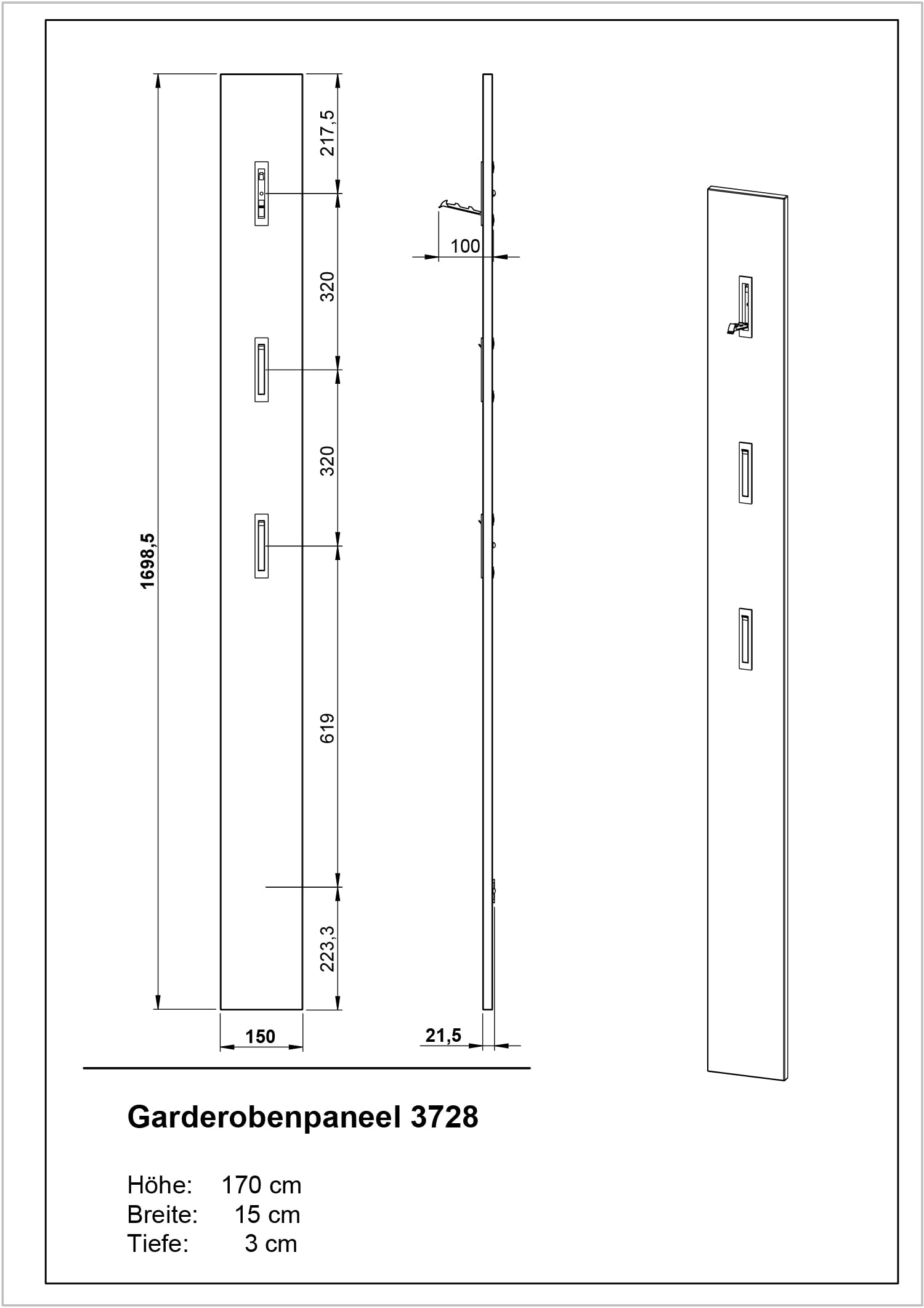 Germania Pannello appendiabiti da parete in graphite 3728-547, con 3 ganci retrattili in metallo, 15 x 170 x 3 cm (L x A x P)