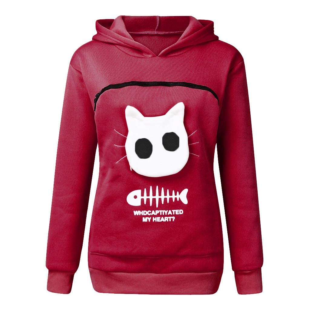 Womens Pet Carrier Hoodies Casual Plus Size Cat Pouch Pullover Sweatshirt with Large Kangaroo Pocket Women's Breathable Fish Bone Print Long Sleeve Hooded Tops Blouse for Small Animals