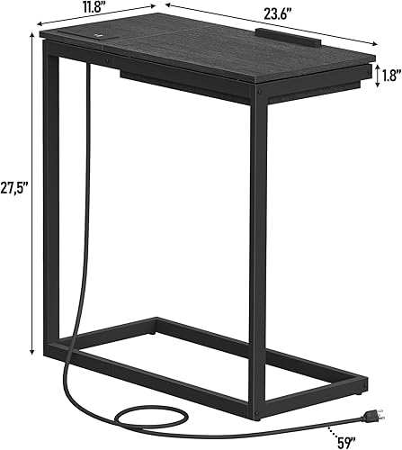 Miniatura 3 de TUTOTAK Mesa auxiliar en forma de C con estación de carga para sofá, mesa auxiliar inclinable en forma de C con bolsa de almacenamiento, bandeja de