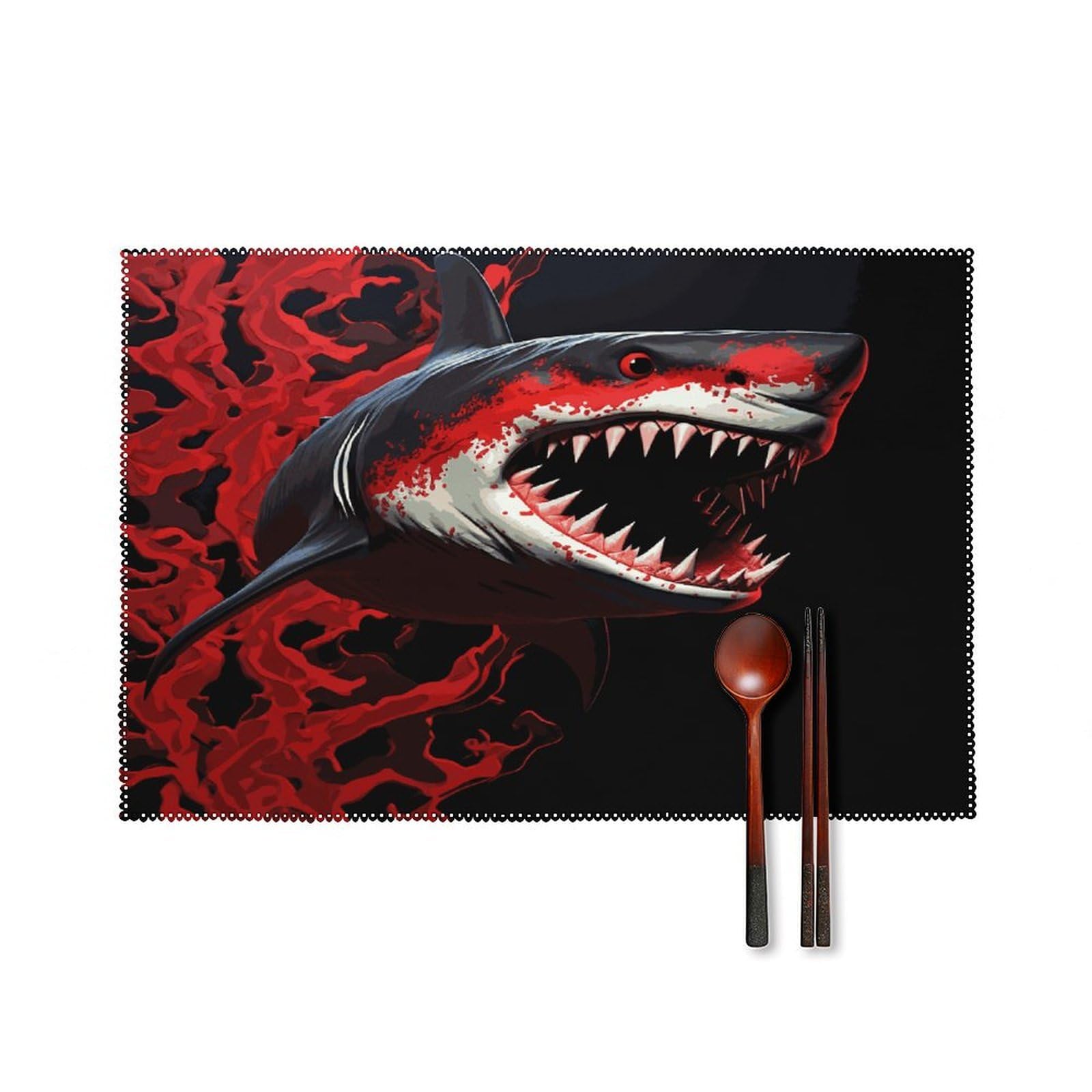 Red-Black Shark Placemats Set of 4 Canvas Place Mats Non-Slip Heat Resistant Table Mats Washable Waterproof Placemat Wipeable Tablemats for Kitchen Dining Decor Place Mat