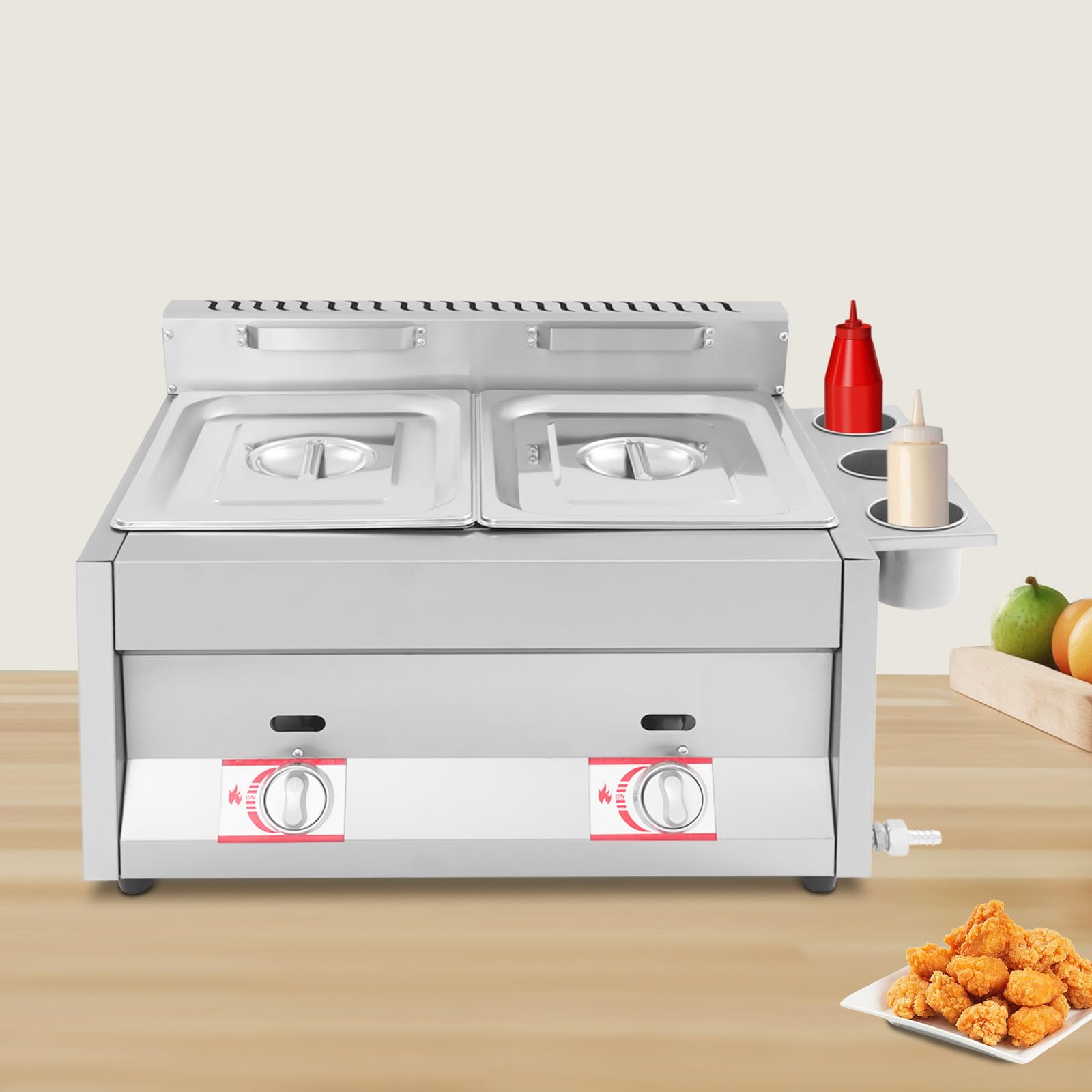 Friteuse à gaz commerciale, 2 x 6 l, double réservoir, avec panier et couvercle, fraise à gaz en acier inoxydable, idéale pour restaurant, collation, fête