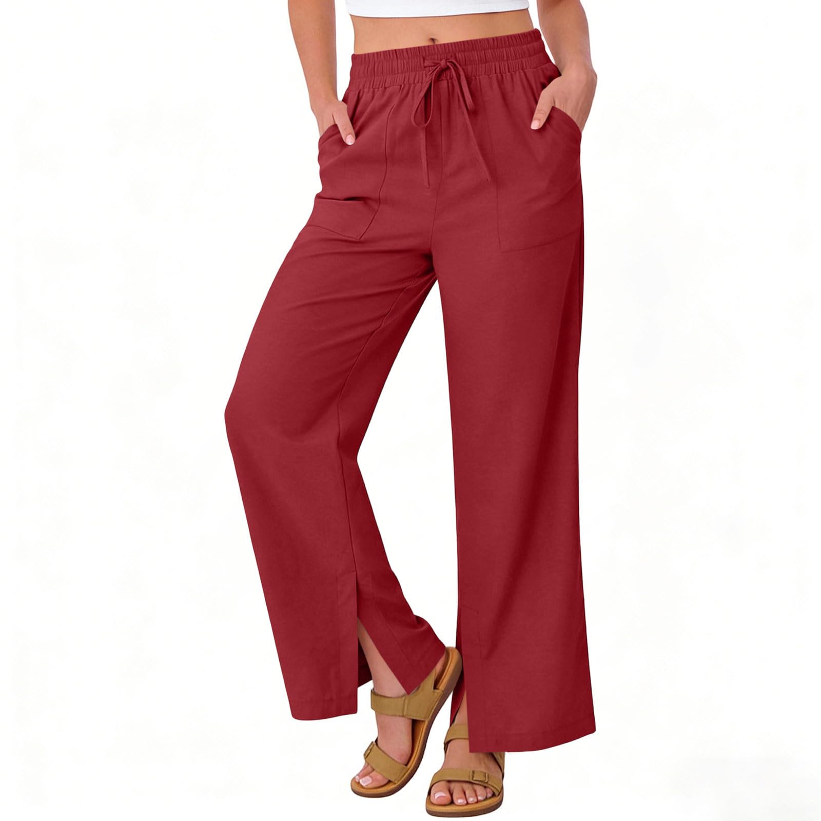 Women's Linen Pants Summer Wide Leg High Waisted Flowy Palazzo Pants Loose Fit Beach Travel Trousers with Pockets - 2