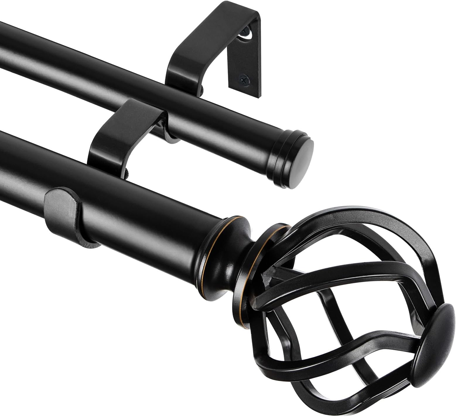 1 Inch Double Curtain Rod 72 to 144 Inches (6-12 Feet), Black Curtain Rods for Windows 66 to 120, Heavy Duty Telescoping Drapery Rods with Twisted Cage Finials, Fewer Rods, Faster Setup