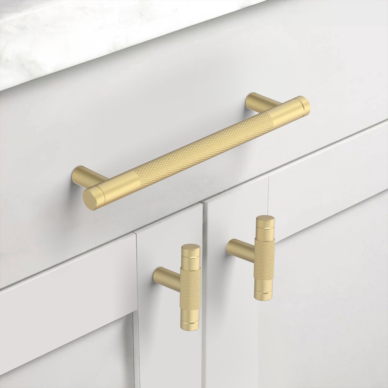Amerdeco 10 Piezas Pomos y Tiradores en Forma de T, Oro, para Cocina y Armarios, Tirador de Puerta en Aleación de Aluminio, Agujero Único UK0026