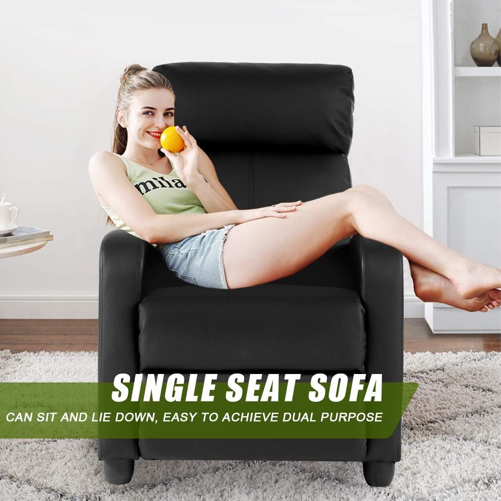 PayLessHere Recliner Chair Single Reclining Sofa Home Theater Seating with Lumbar Support and Padded Backrest for Living Room and Bedroom (Leather, Dark Black)
