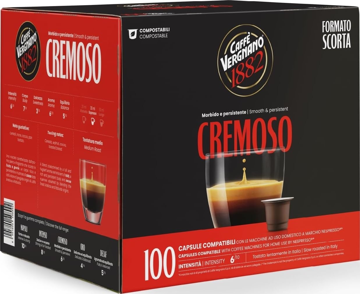 Caffè Vergnano 1882 - Cápsulas Compatibles Nespresso, Cremoso | Pack de 100 Cápsulas