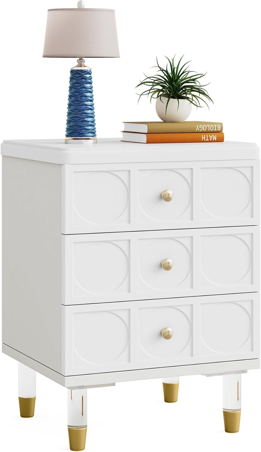 LITTLE TREE Nightstand with 3Drawer, Tall White and Gold