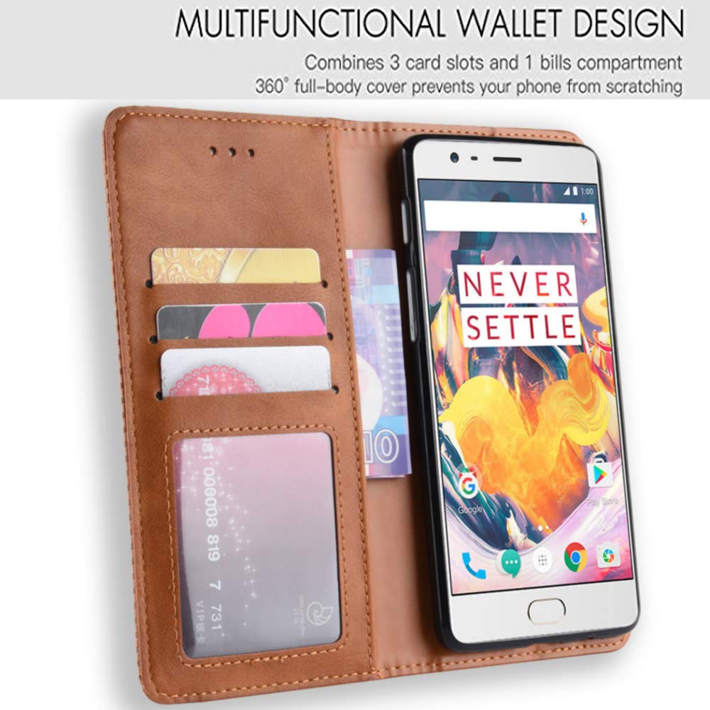 ELISORLI Custodia A Portafoglio In Pelle Per OnePlus 3/3T - Con 6 Slot Per Carte, Tasca E Cavalletto - Nero