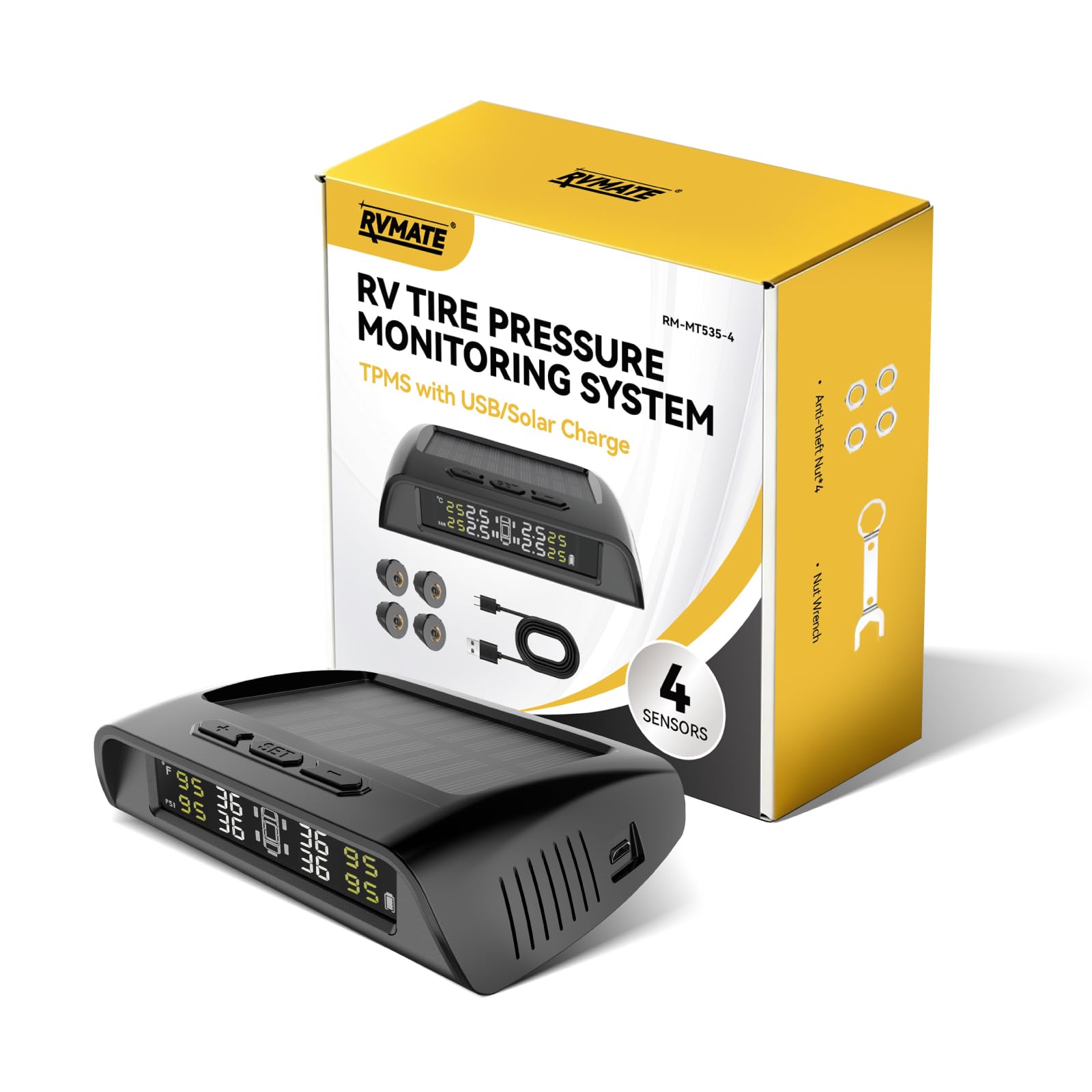 RVMATE Sistema di monitoraggio della pressione dei pneumatici RV con la carica solare, sensori TPMS 4 | 6 modalità di allarme, 0-87 psi, ideale per camper, rimorchi, camion e SUV