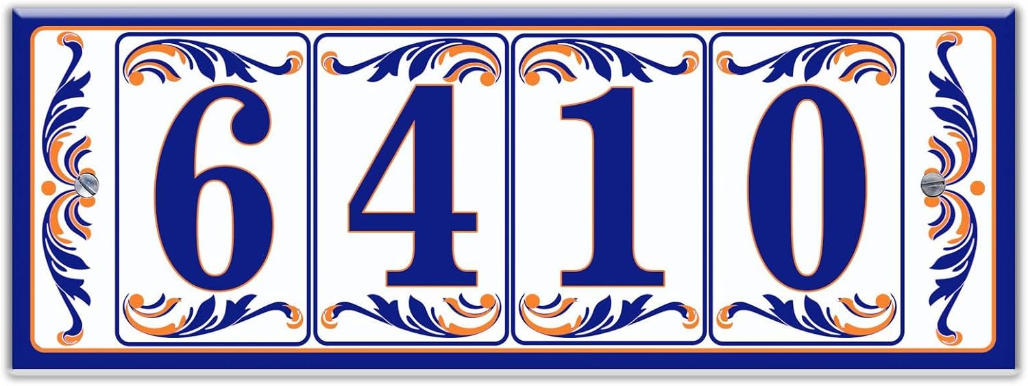 Filigree Blue Vines Themed Ceramic Tile House Number Small Address Plaque