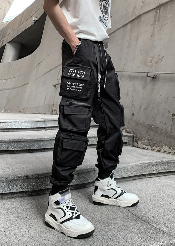 ORANDESIGNE Pantaloni Cargo da Uomo Multitasche Jogger Streetwear con Coulisse Hip Hop Pantaloni da Jogging Casual Teachwear Pantaloni Tattico Nero Urbano Outdoor