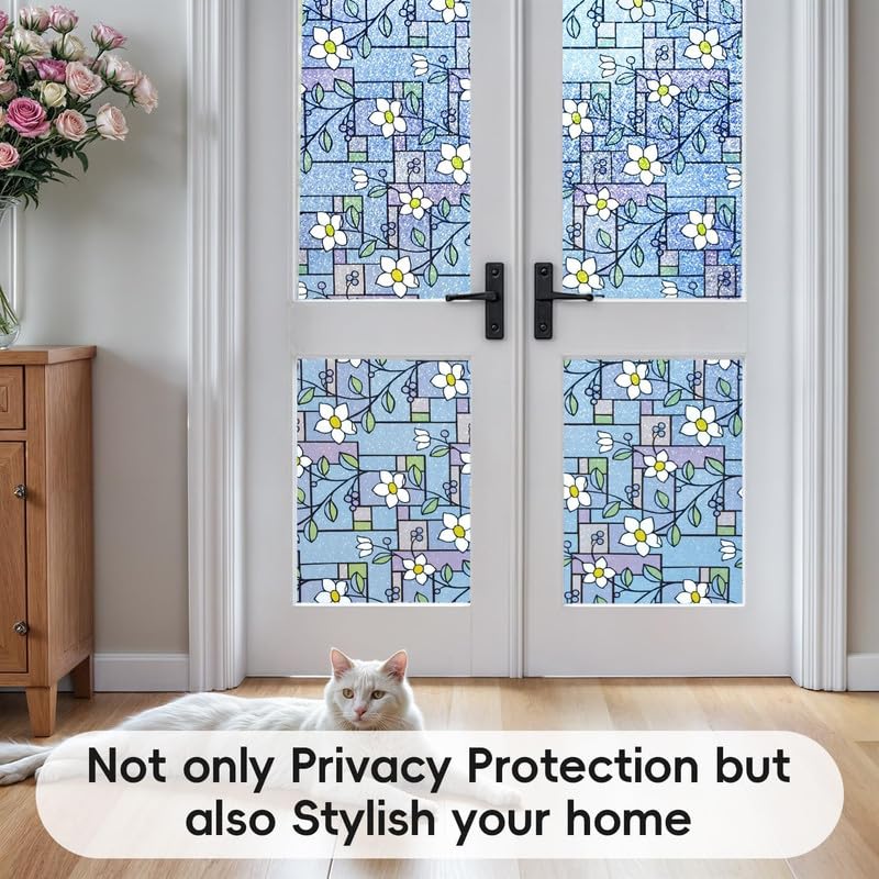 Image of Blue Flowers Printed GlassFilm Window Film Window Sticker Glass stickerFor Privacy, Sun Control, Decor for Home, Office & Bathroom (12 Inch X 60 Inch)