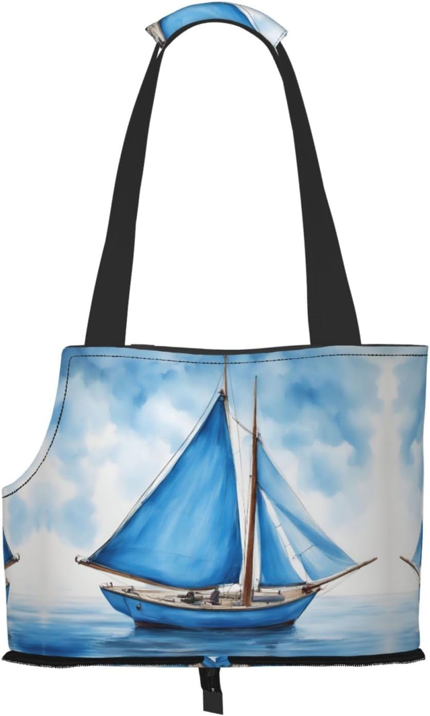 Blue Sailboat Print Portable Foldable Shoulder Bag for Travel,with Collar Hook and Handle Pad,Cute Stylish Design
