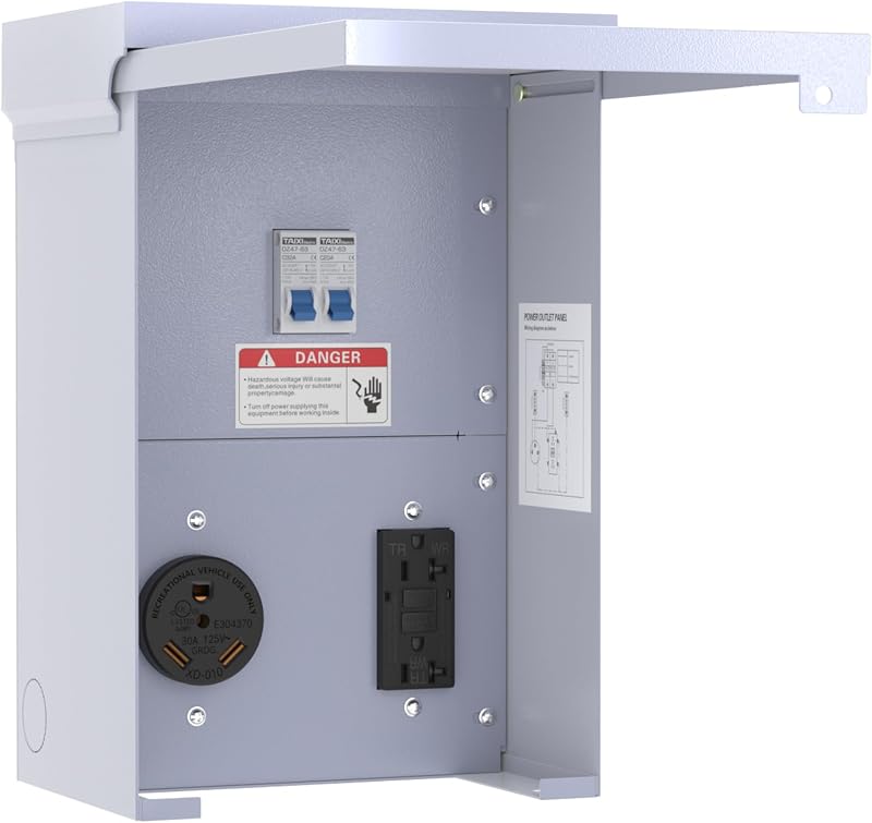 Caja RV de 20 30 amperios, panel de toma de corriente temporal para RV con disyuntor | Panel eléctrico para vehículos recreativos, listado ETL, precableado, resistente a la intemperie, para vehículos recreativos, caravanas, remolques de viaje y sitios de construcción