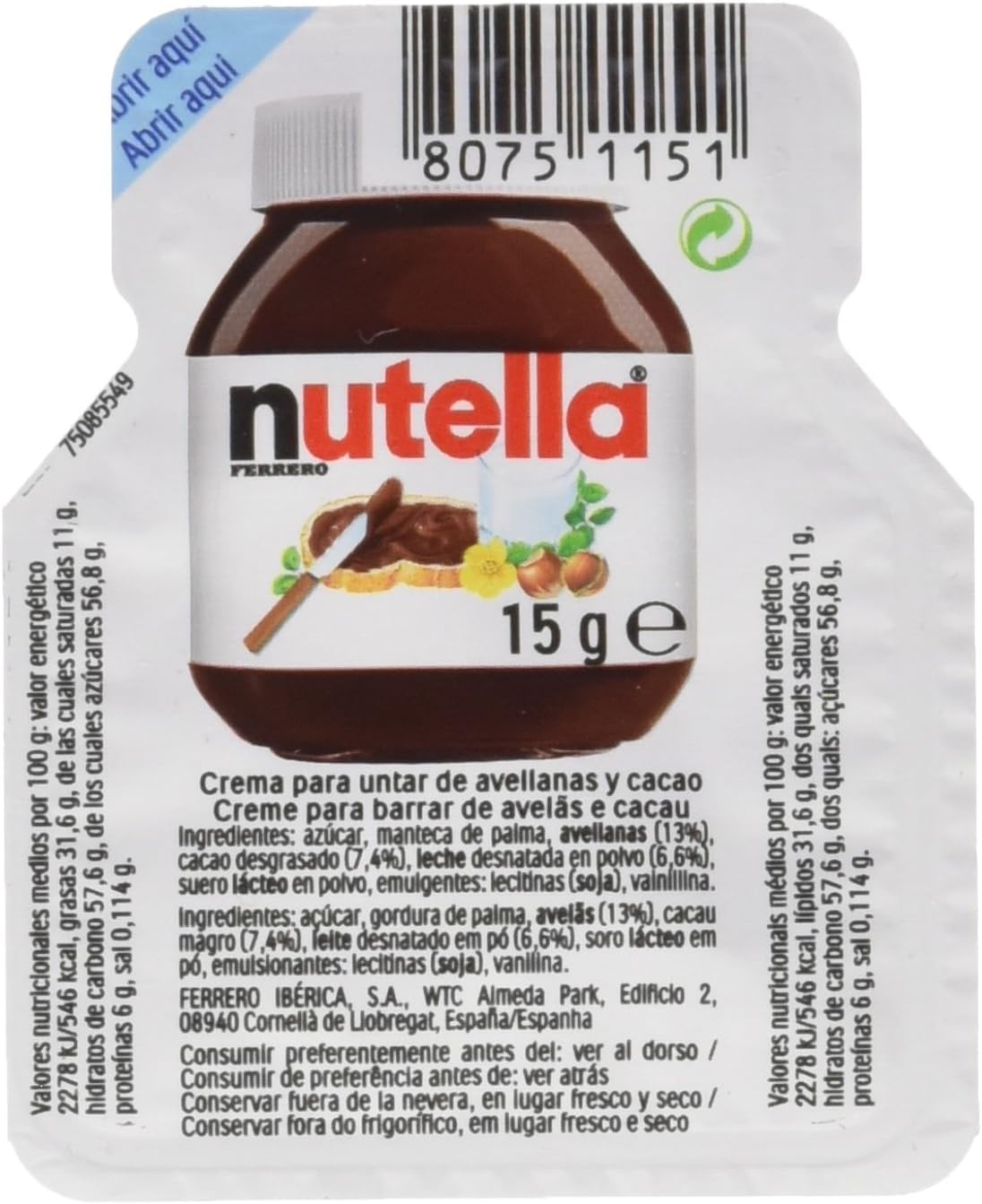 Deliex delicias de Extremadura. Lote 60 pequeñas porciones de 15 gr. Monodosis crema de avellanas y chocolate para untar