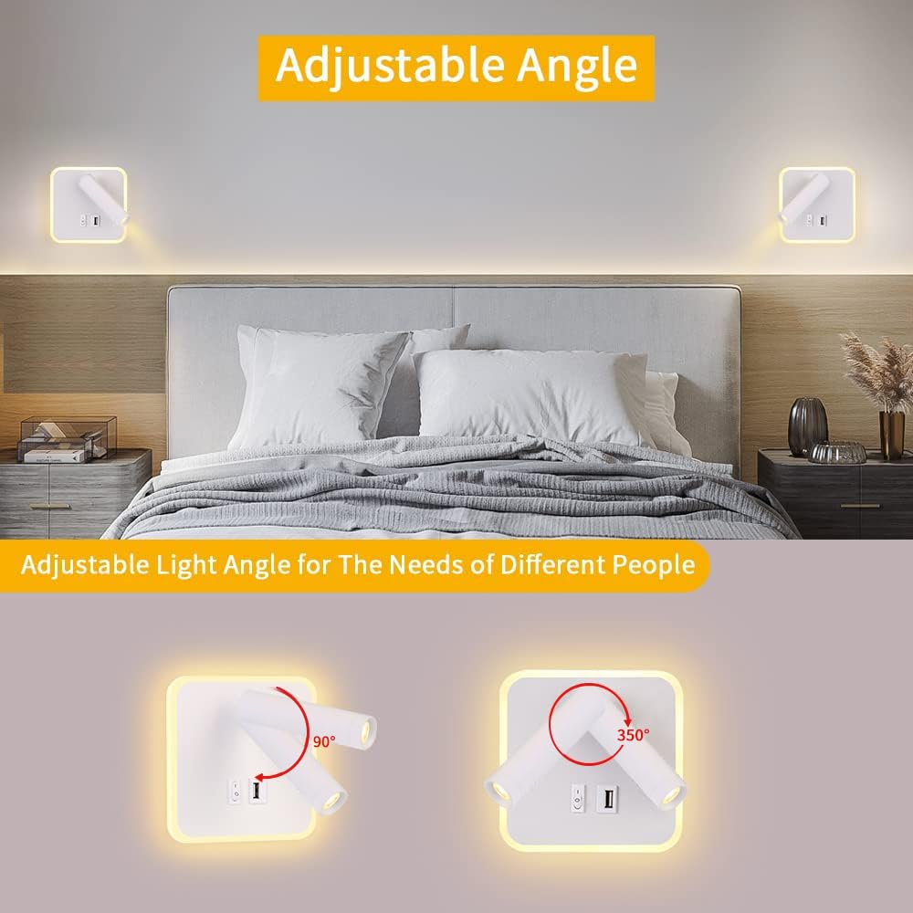 ERWEY Kinkiet LED 8 W lampka nocna do czytania Lampa ścienna z regulowanym reflektorem (3W 4000K +5 W 3000K) z portem ładowania USB (kwadrat, biały)