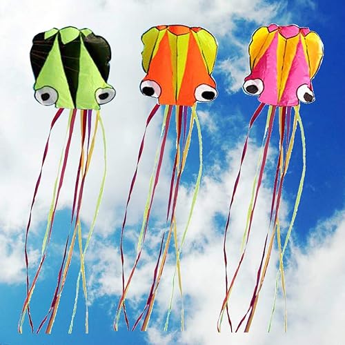 Miniatura 7 de Juego de 3 cometas grandes de pulpo de 157.5 pulgadas de alto con dibujos animados grandes y redondos con cinta colorida y tabla de cometas con
