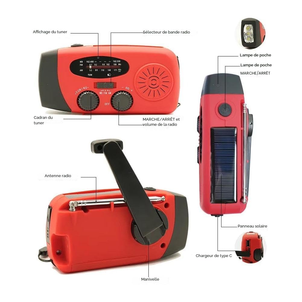 Radio d'urgence portable AM/FM avec manivelle solaire, chargeur USB, alarme SOS et lampe LED rouge