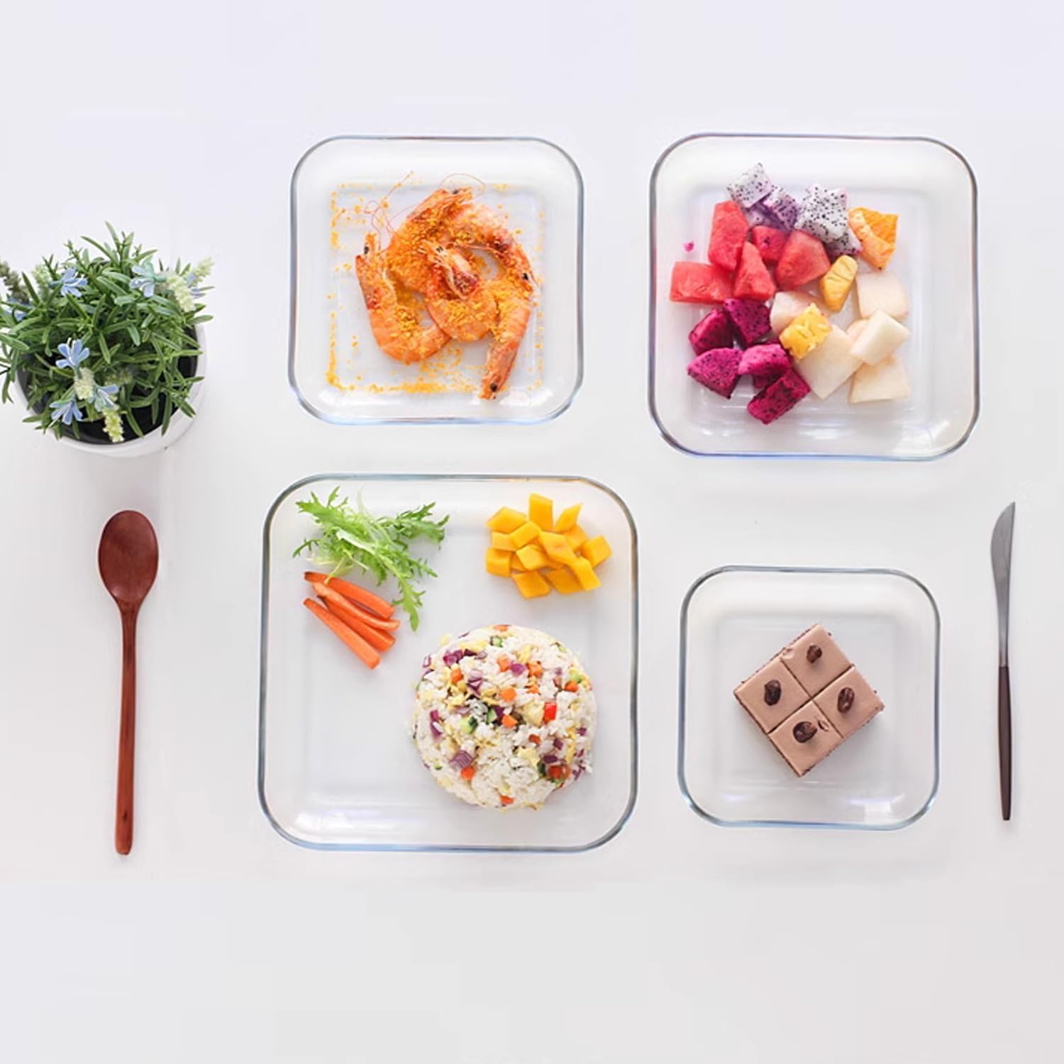 7 Inch Square Tempered Glass Dessert Plates, Small Mini Appetizer, Fruit, Salad and Cake Plates, Set of 3