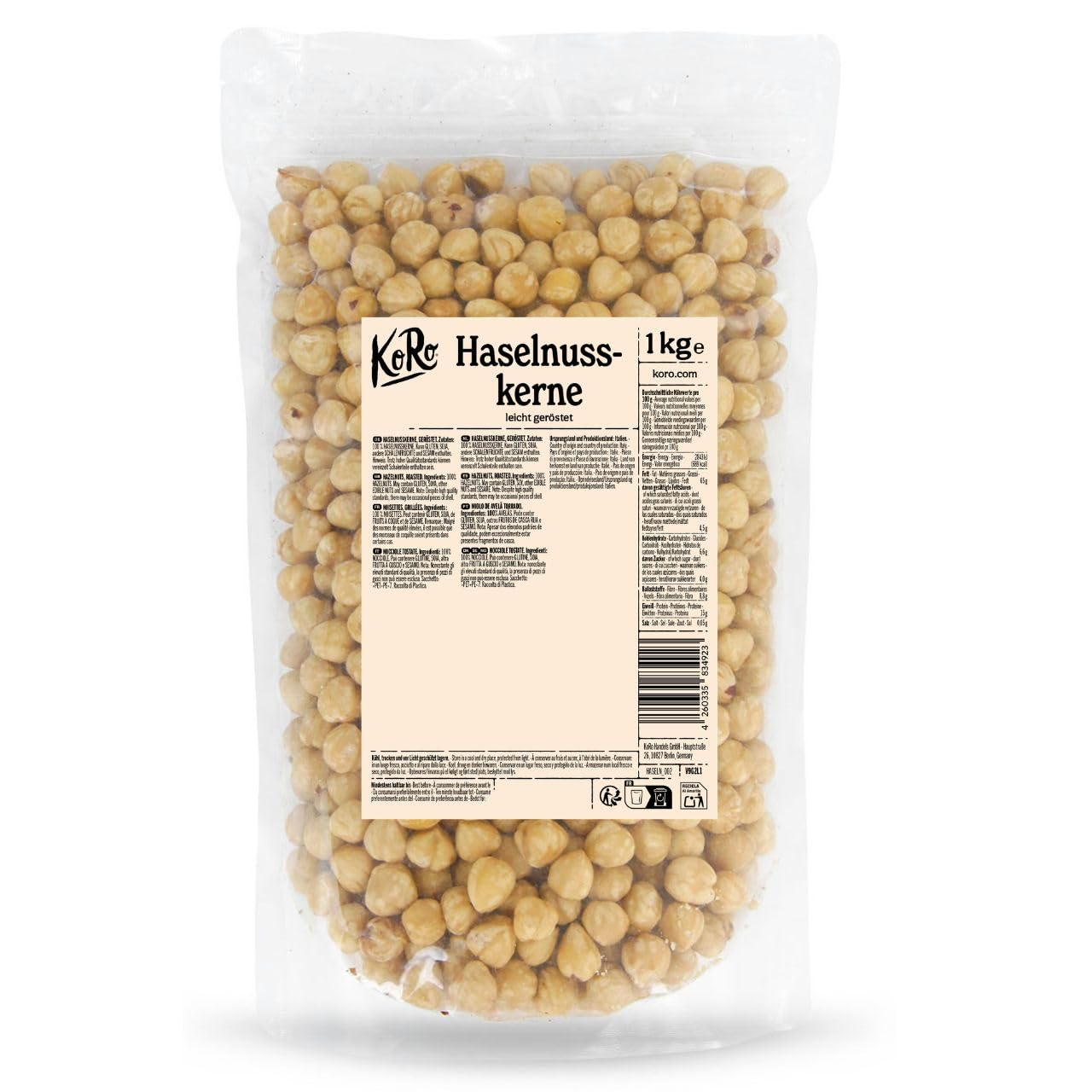 KoRo - Noisettes torréfiées 1 kg - Noisettes émondées et sans additifs ni conservateurs, parfaites pour la cuisine ou comme snack