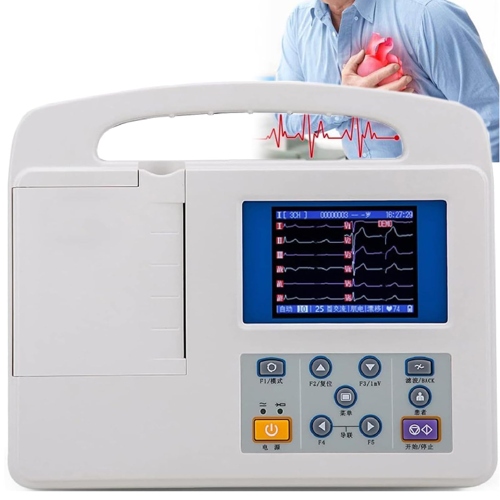 Monitor ECG Portatile, 3 Canali 12 Cavi Cardiofrequenzimetro, Schermo LCD a Colori da 3,5 Pollici, Elettrocardiografo, per La Casa, Ospedale