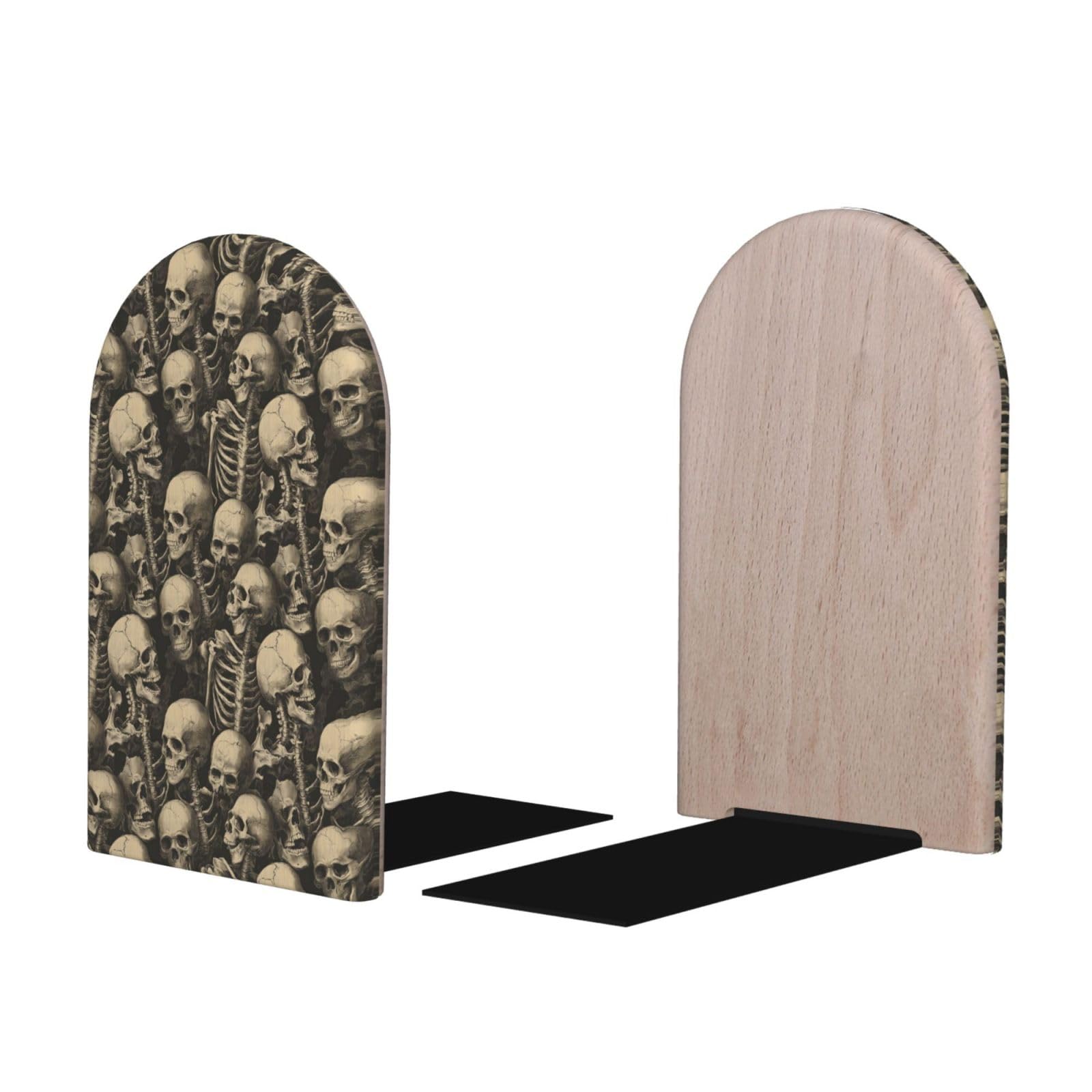 Retro Skull Print BookEnds 1 Pair, Decorative Bookends for Heavy Books, Wood Book Ends for Shelves, Book Organizer for Home Desk Office Supplies