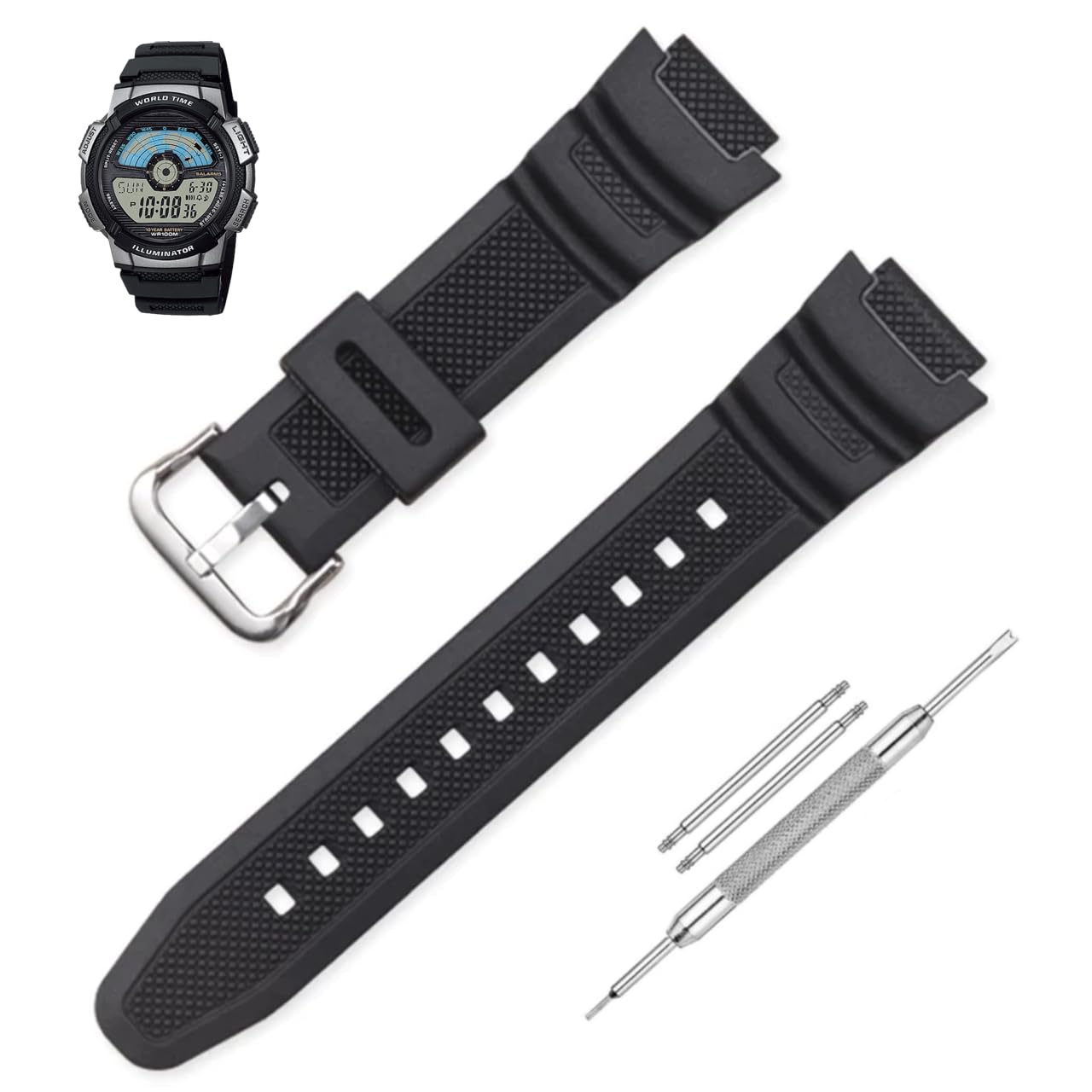 LineOn Resin Watch Strap (Black) Compatible With CASIO AE-1100w AE 1100 W with Tool and Pins (B0CSZ71XXC) Amazon Price History, Amazon Price Tracker