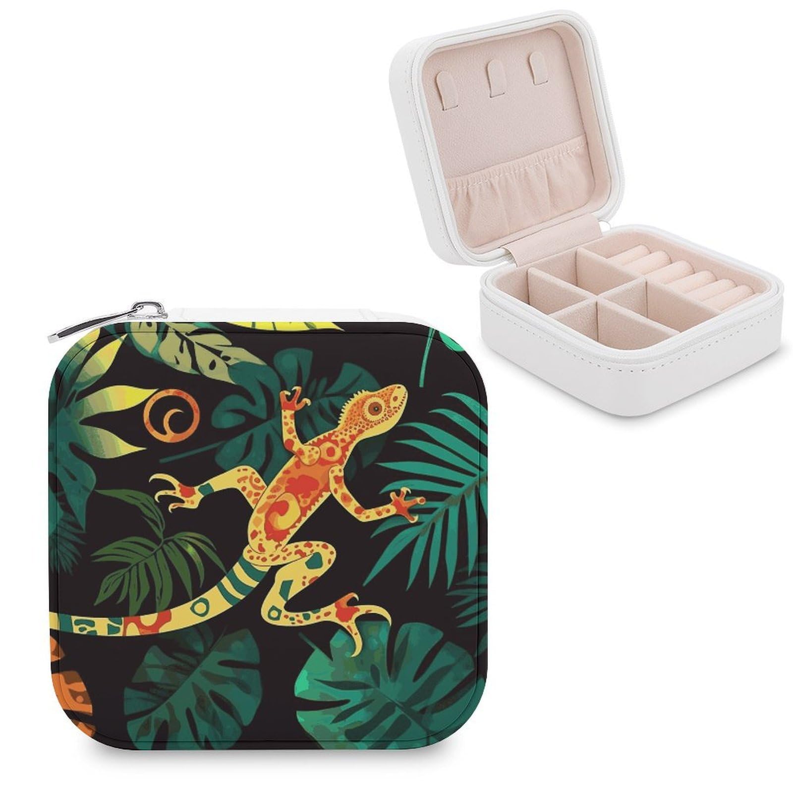 FekiLoot Gecko And Tropical Leaves Jewelry Case Leather Jewelry Organizer Travel Jewelry Case Portable Small Jewelry Box Mini Display Storage Box Trinket Organizer for Ring Earring Necklace