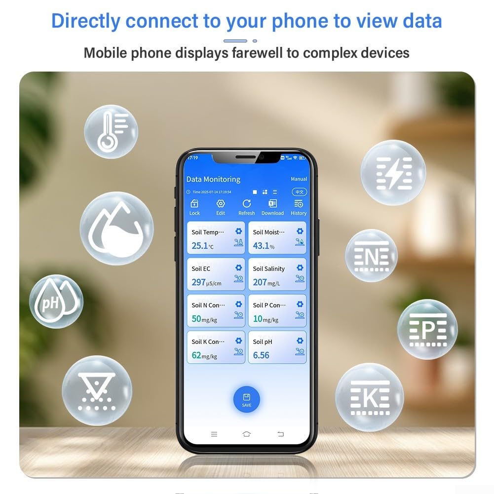 Honseadek Sensor de suelo USB 8 en 1 para Android y Harmony OS, medidor detector de nutrientes NPK impermeable IP68 con sonda de salinidad de humedad pH