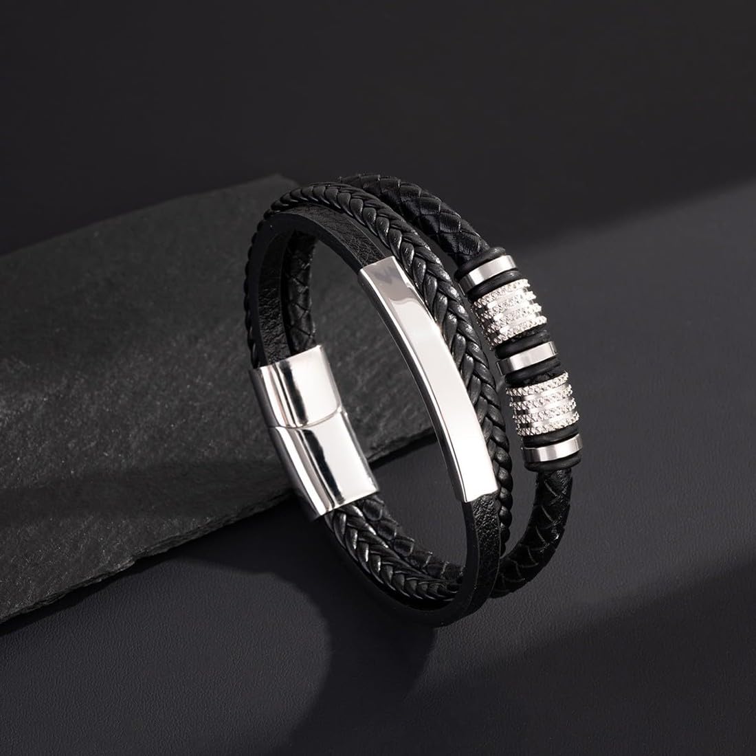 Braccialetto Uomo In Pelle, Bracciale Uomo Personalizzato Nero, Bracciale Uomo Cuoio 21cm, Braccialetti Papà Regalo Uomo Gioielleria, Idea Regalo Per Lui Festa Del Papà Natale Compleanno