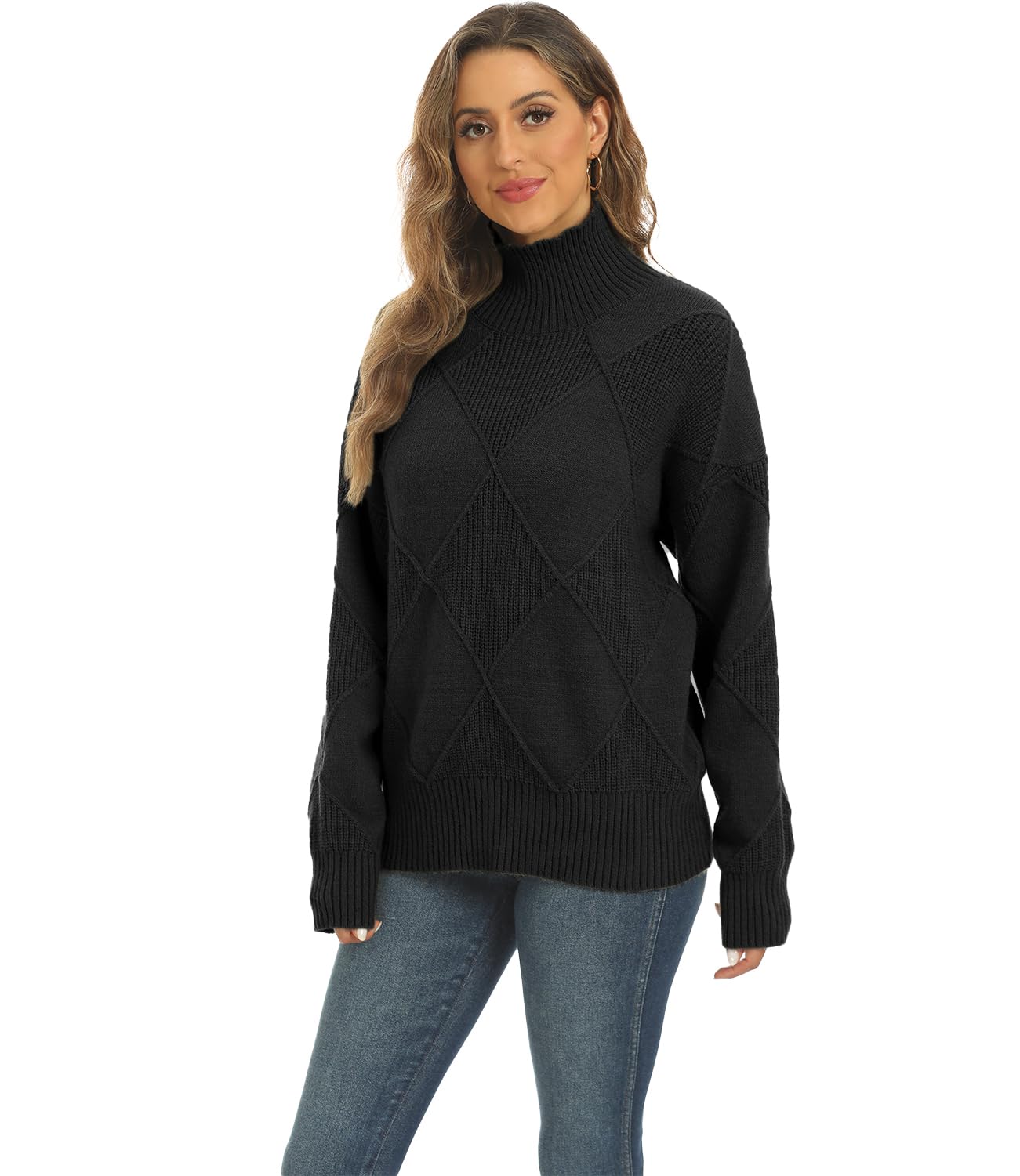 JFAN Maglione Donna a Collo Alto Elegante Pullover Vintage in Maglia a Rombo Manica Lunga Maglione Sciolta Caldo per Autunno e Inverno