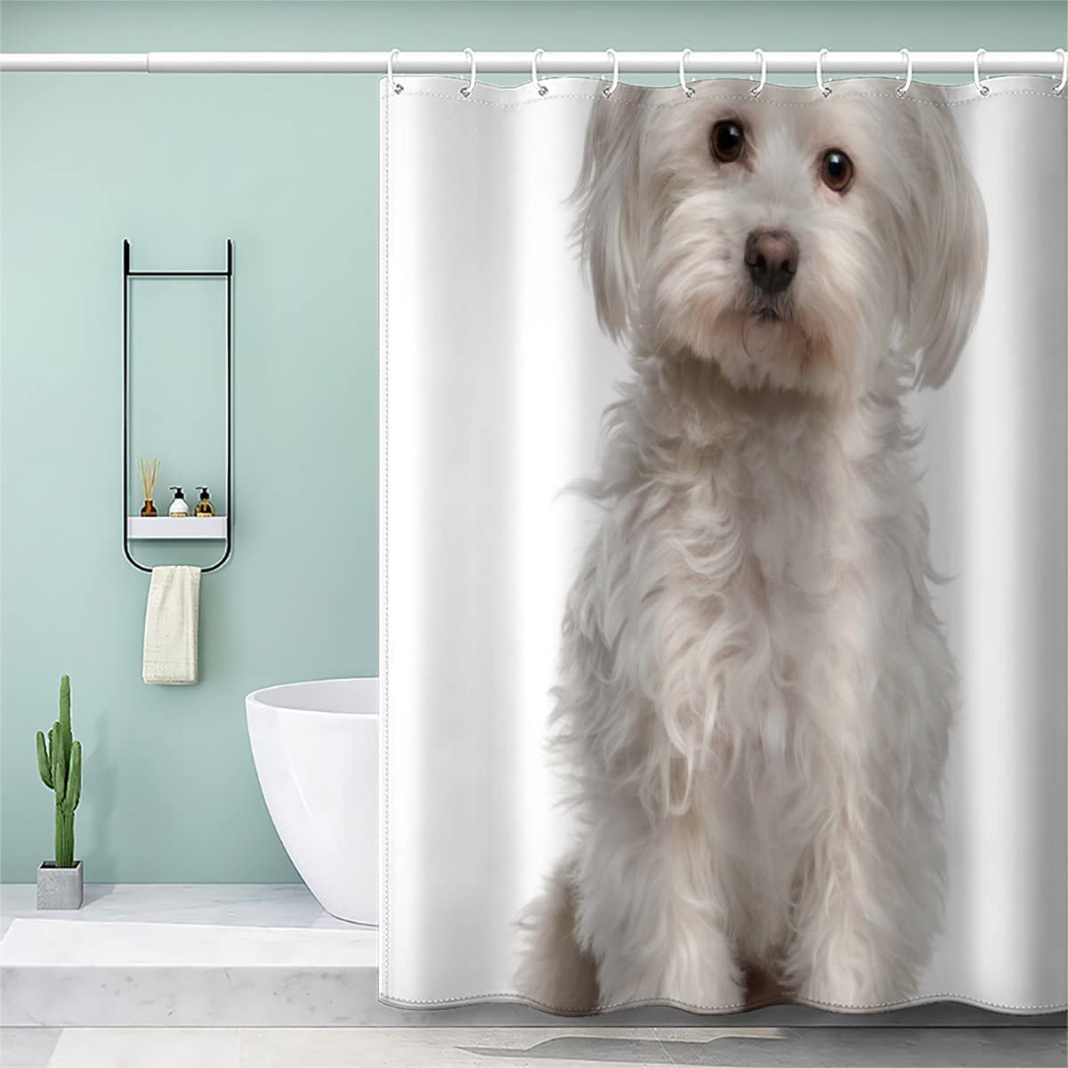 AOLIGL Shower Curtain 180 x 180cm Waterproof Shower Curtain White, Maltese Bath Curtains for Shower Wet Room Shower Curtain Unique Printed Funny Shower Curtain Rust Proof Eyelets