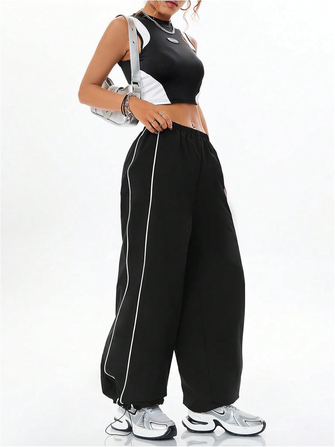 Women's Striped Side Casual Pants Elastic Waisted Wide Leg Trousers Streetwear Pants - Image 5