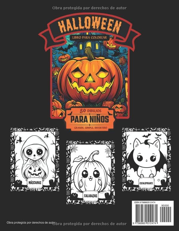 Vista 2 de Halloween libro para colorear 50 dibujos para niños Grande, simple y divertido (Spanish Edition)