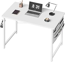 Computer Desk with Storage Bag & Hooks, PC Desk, Home Office Desk, Study Table, W 31.5 x D 15.7 inches (80 x 40 cm), Simple, Compatible with Monitor Mounts/Arms, Easy Assembly, White