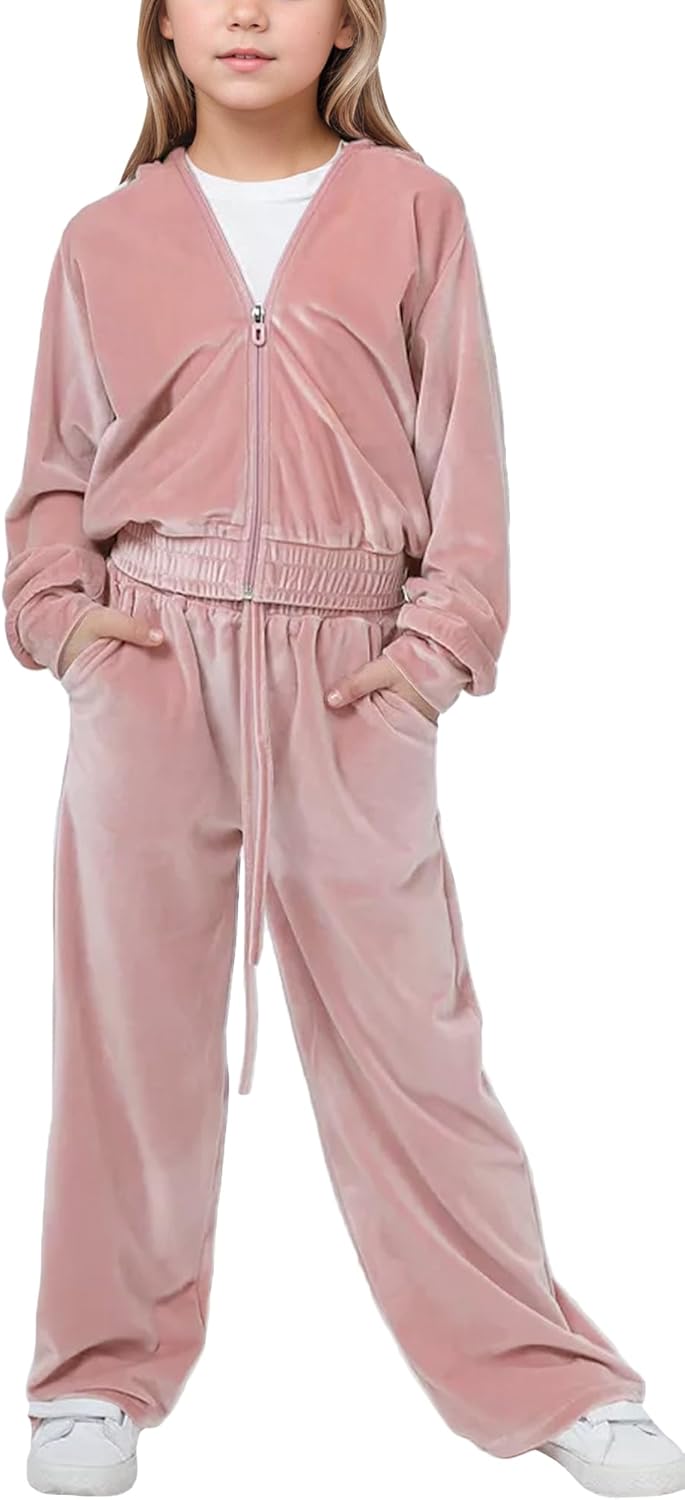 SEAUR Girls Velour Sweatsuit Set Casual Velvet Lounge Sets 2 Piece Crop Top Outfits Zip Up Hoodie and Pants Tracksuit