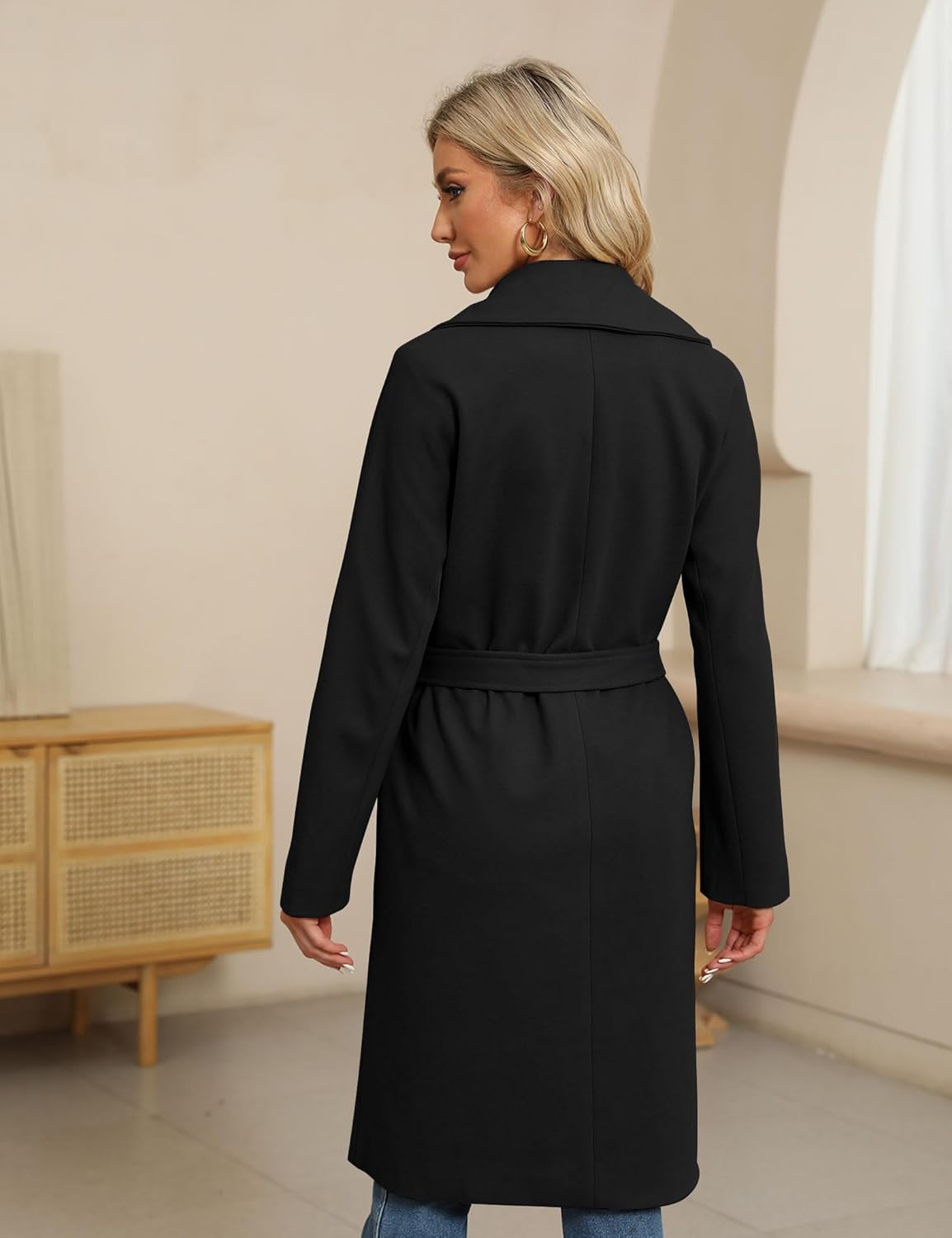 BZB Women's Trench Coat Long Wool Blend Pea Coat Winter Casual Overcoat Notched Lapel Collar Belted Long Jacket Outerwear - Image 5